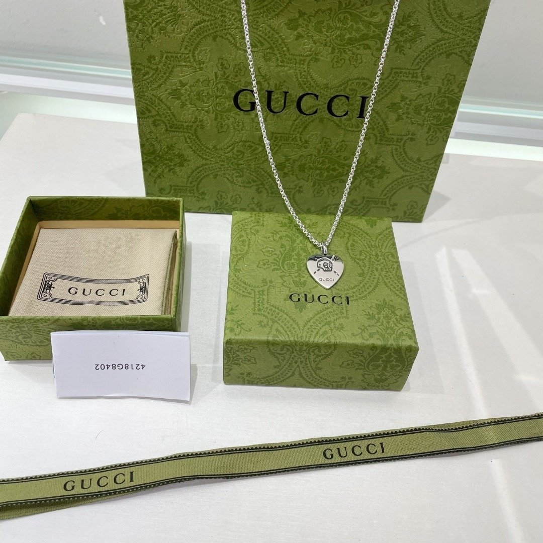 Gucci Sterling Silver Heart and Skull Necklace